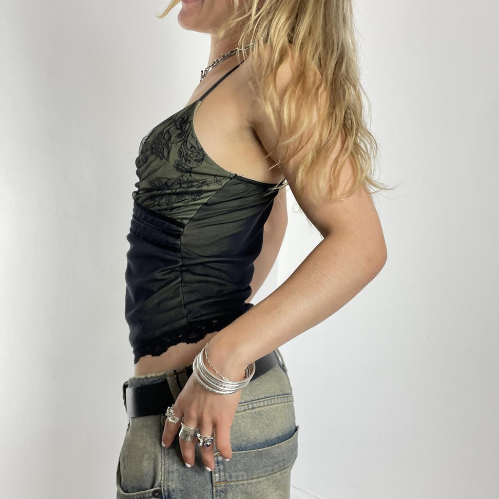 Green and black vintage lace layered y2k cami top
