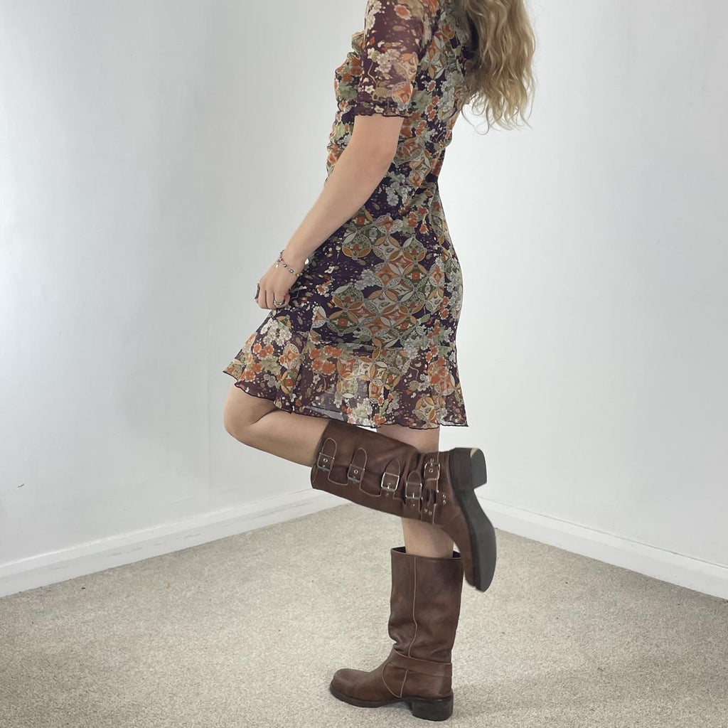 Mesh 3/4 length sleeve square neck midi dress