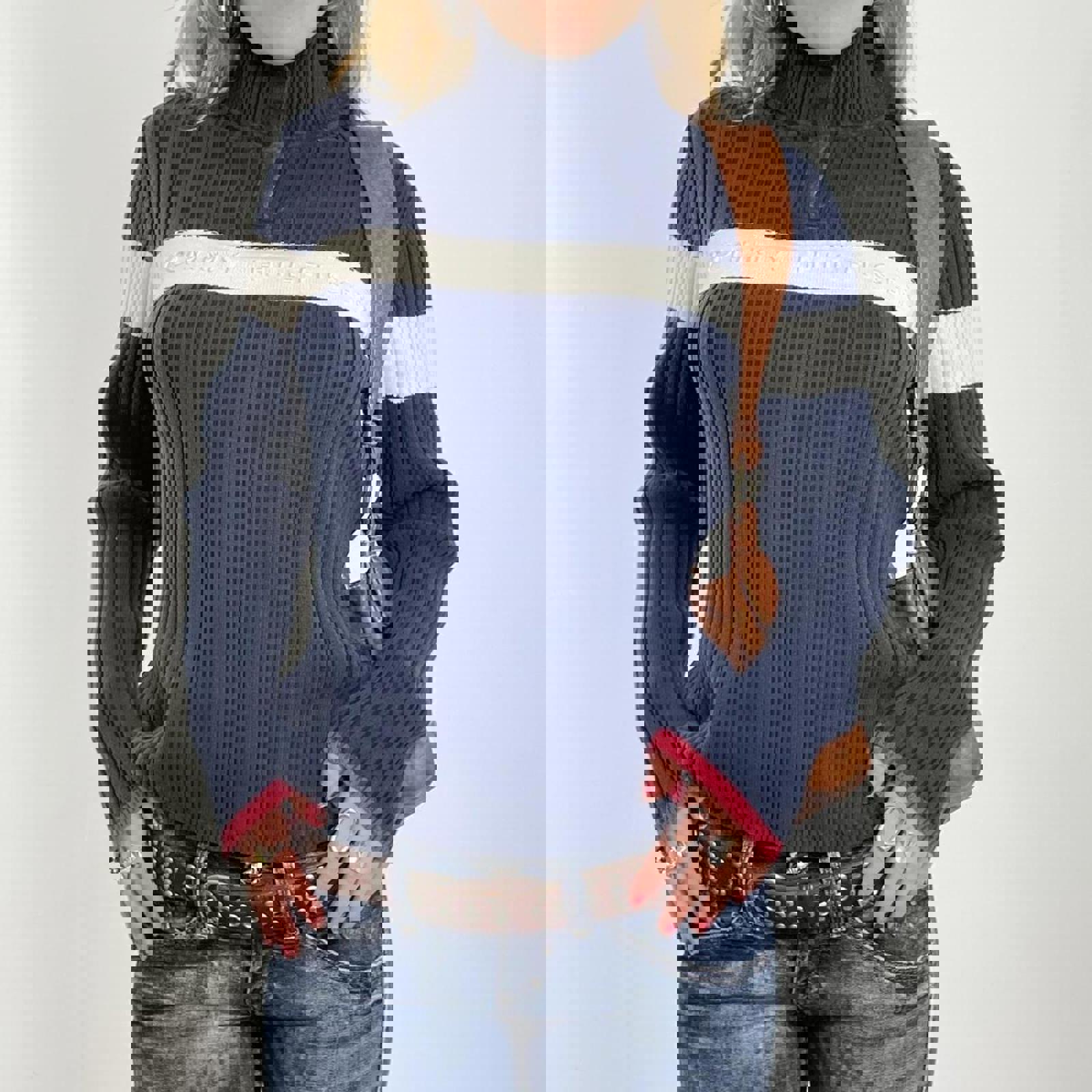 00's navy and white ribbed Tommy Hilfiger spell out button up knit