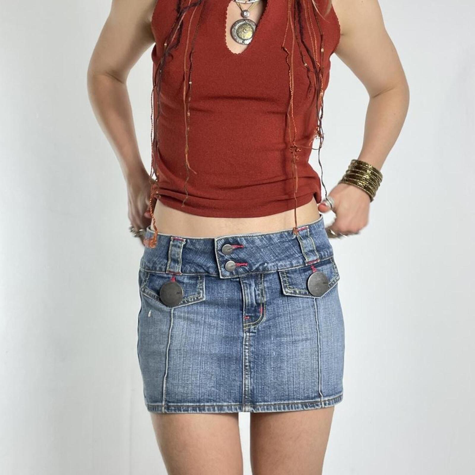 Y2K Denim low rise blue mini skirt with circlular silver buttons and contrast stitching