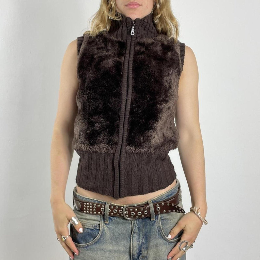 Brown ribbed and fur gillet