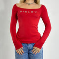 Y2K "sisley" red long sleeve glittery silver spell out low cut top