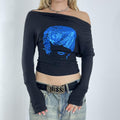 Black and blue graphic batwing top