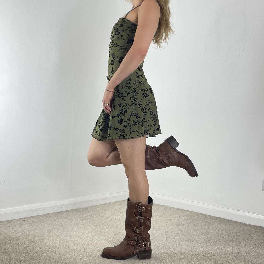 Mesh forest green and black pleated mini dress