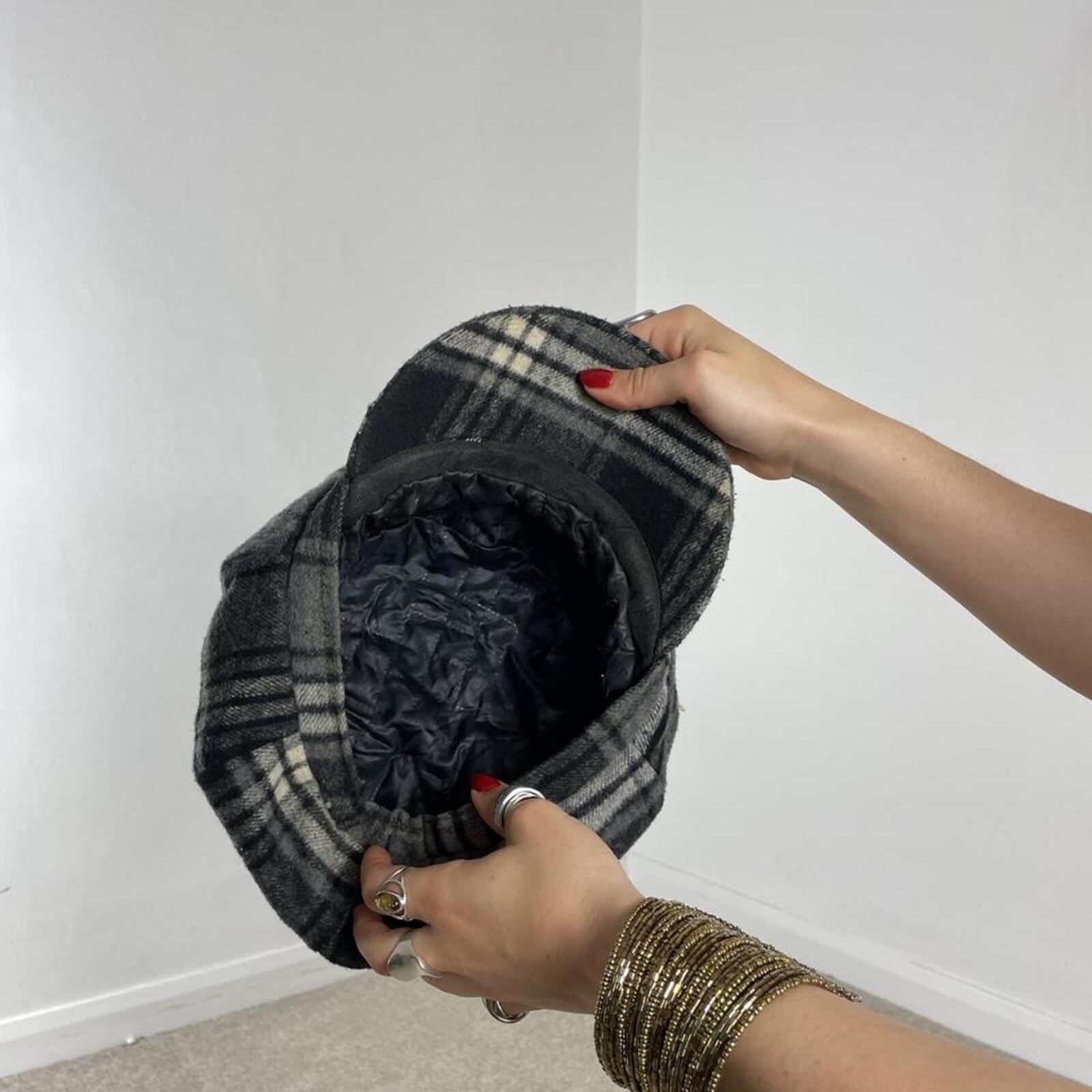 Checked grey and white flat cap hat