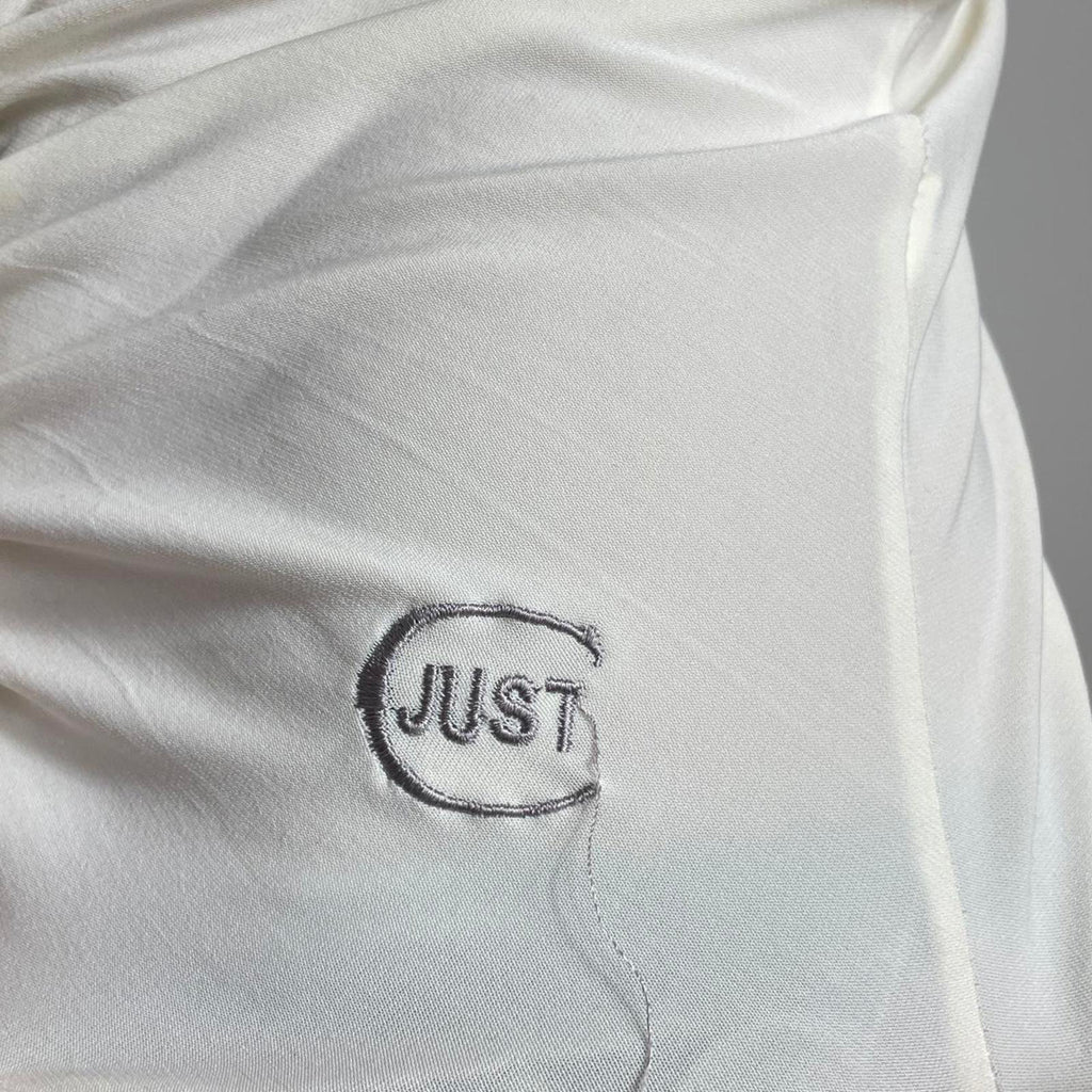 00's White ruched Just Cavalli v neck long sleeve top, with logo on the bottom