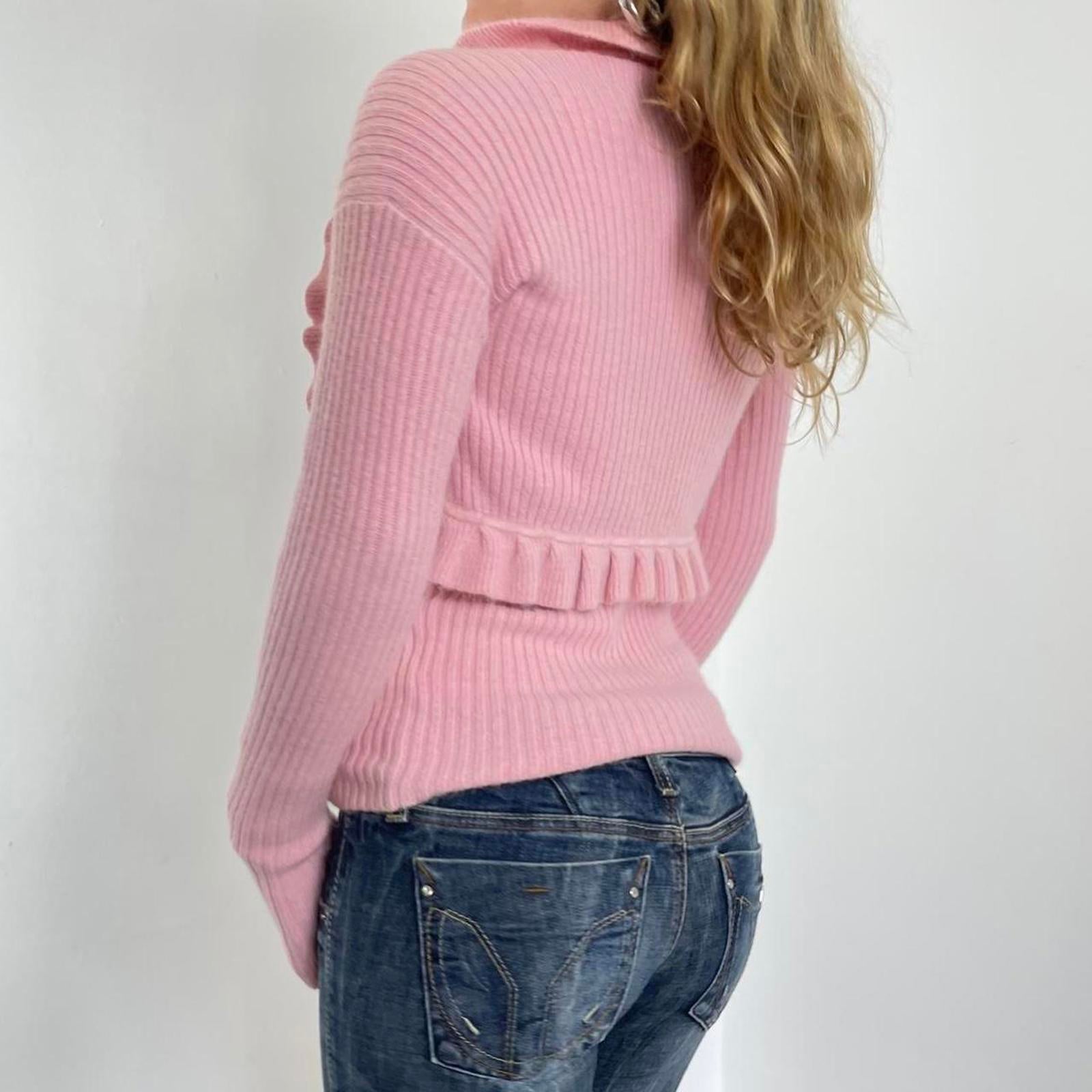 00's baby pink ribbed cammi top with lettuce hem and matching balero cardigan top