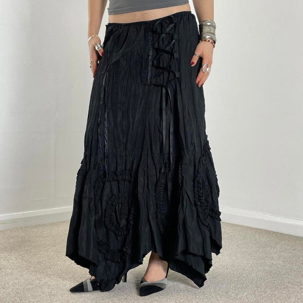 Avant Garde Vintage black full length maxi skirt with lace cross details