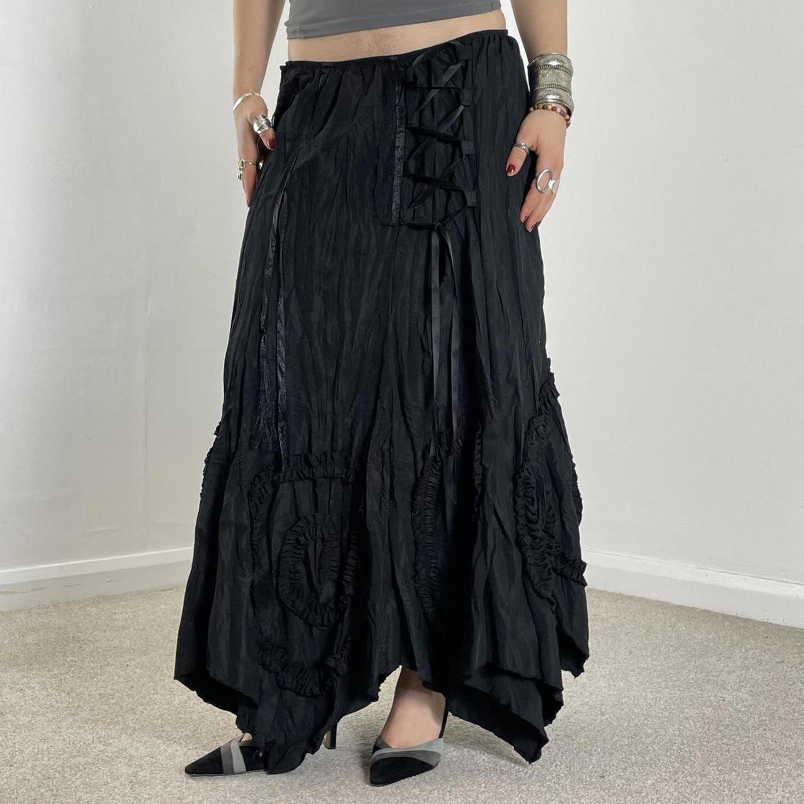 Avant Garde Vintage black full length maxi skirt with lace cross details