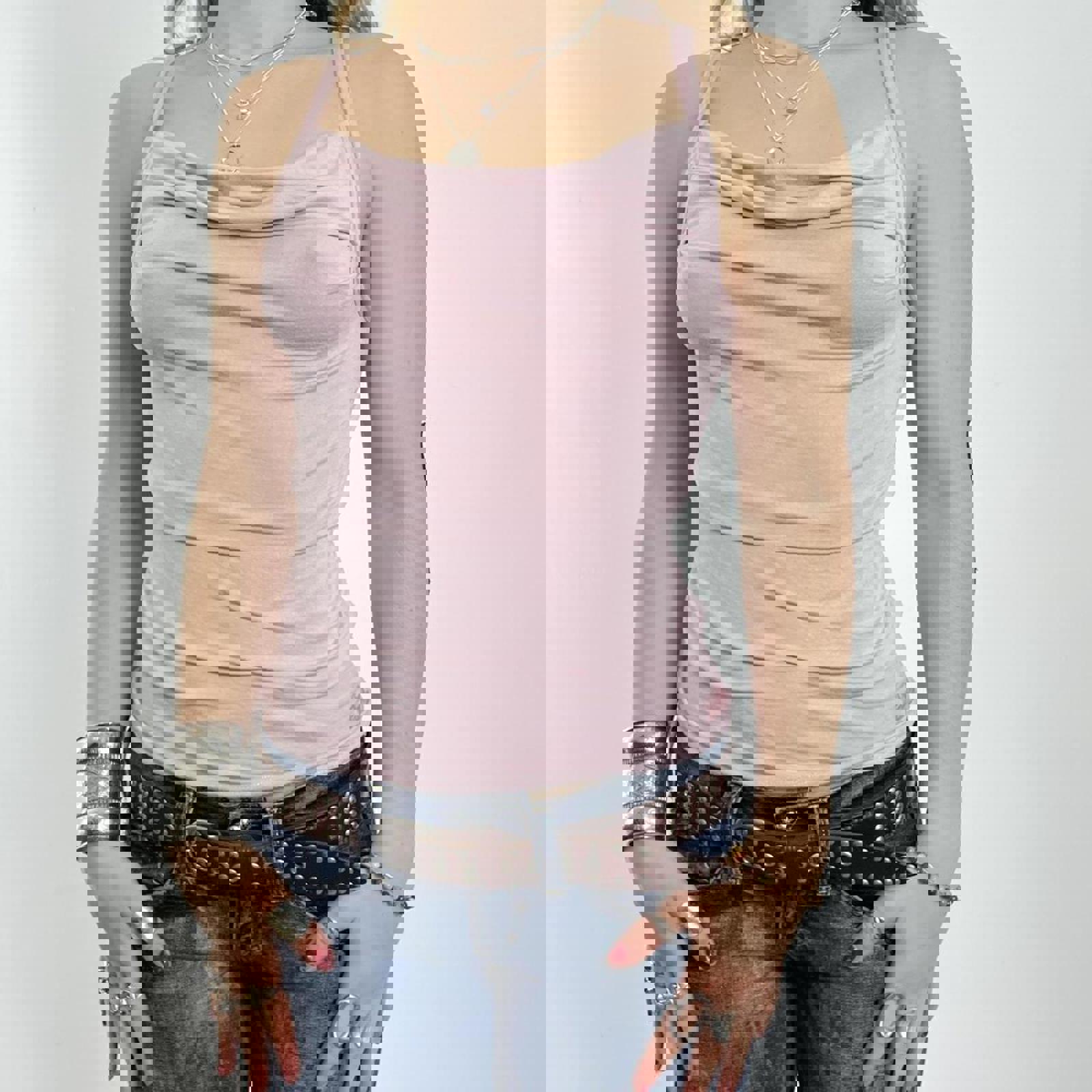 00's Emporio Armani pink cowl neck cammi top with logo at the bottom