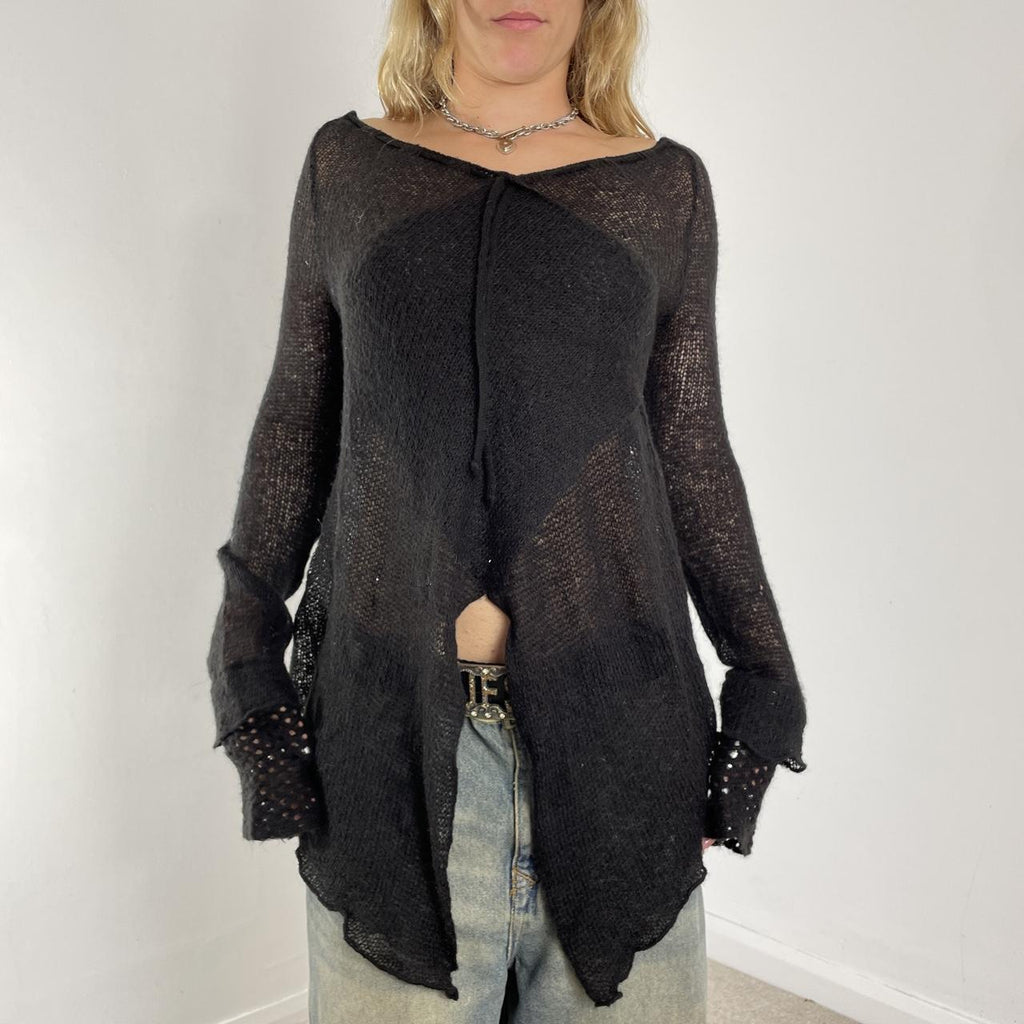 Black wool avant-garde flared long-sleeve top/jumper