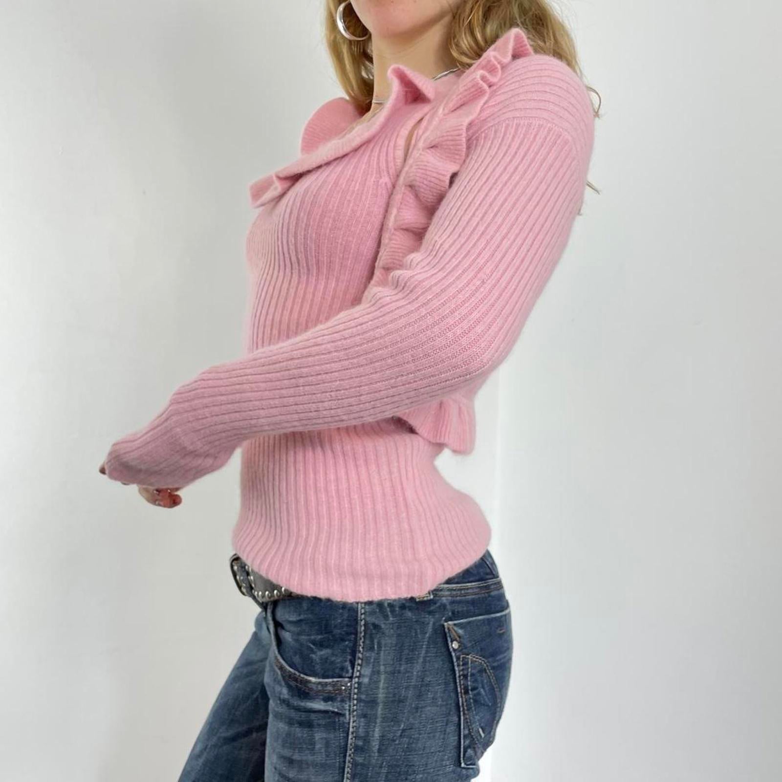 00's baby pink ribbed cammi top with lettuce hem and matching balero cardigan top