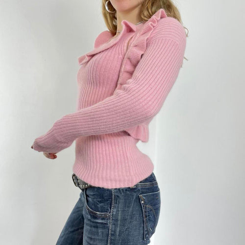 00's baby pink ribbed cammi top with lettuce hem and matching balero cardigan top