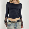 Black boatneck long sleeve mesh top