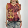Mesh vintage red and multi coloured short sleeve top