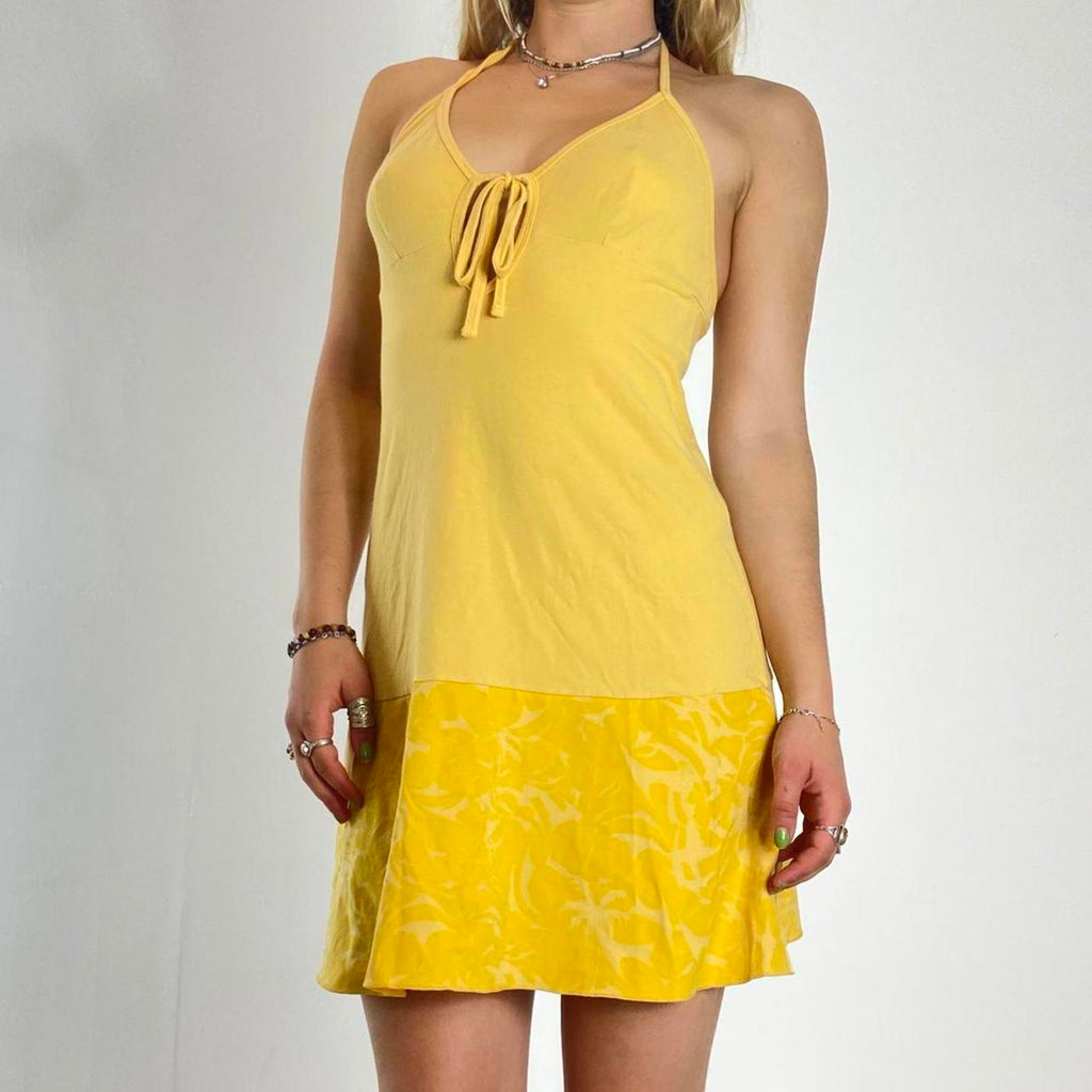 00's yellow sun dress with patterned hem and ties in the middle