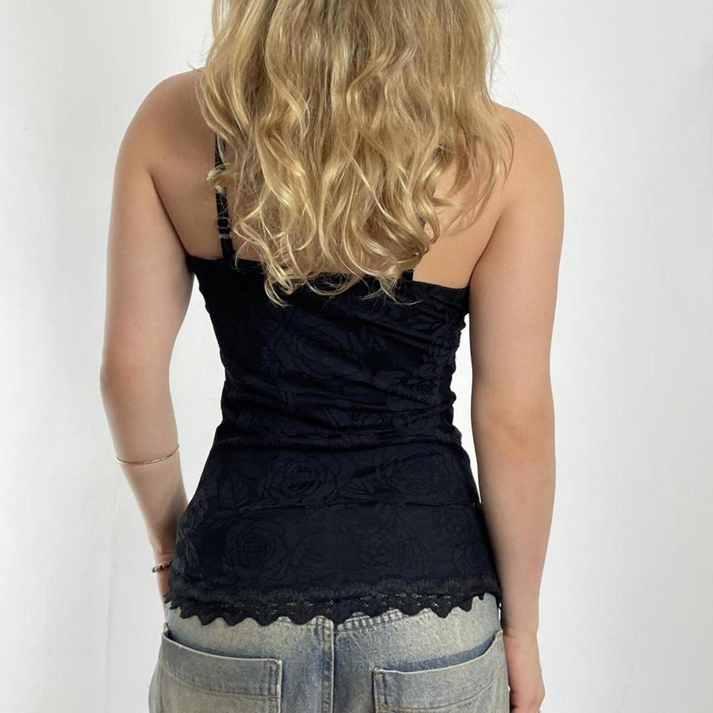 Vinatge lace floral black cami top