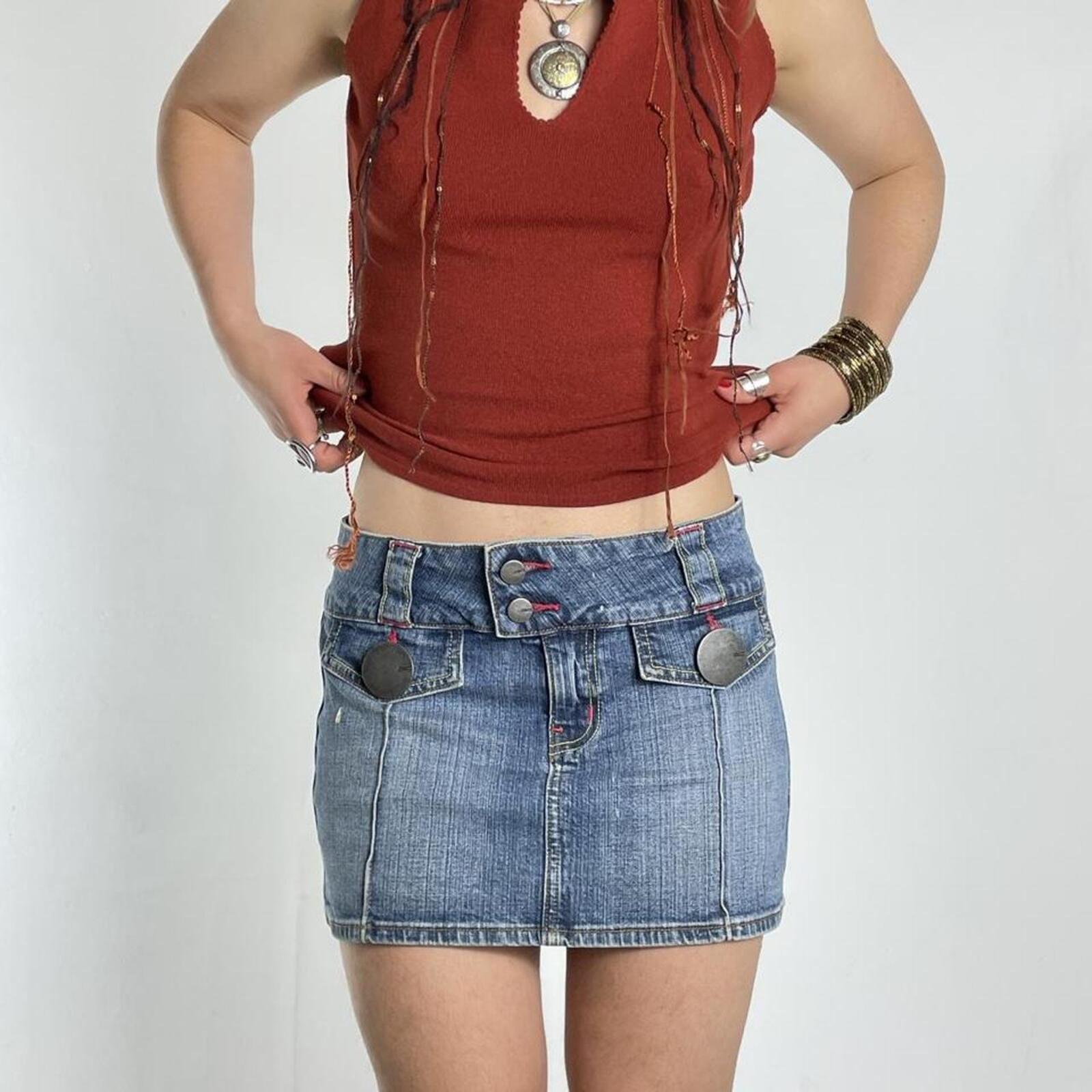 Y2K Denim low rise blue mini skirt with circlular silver buttons and contrast stitching