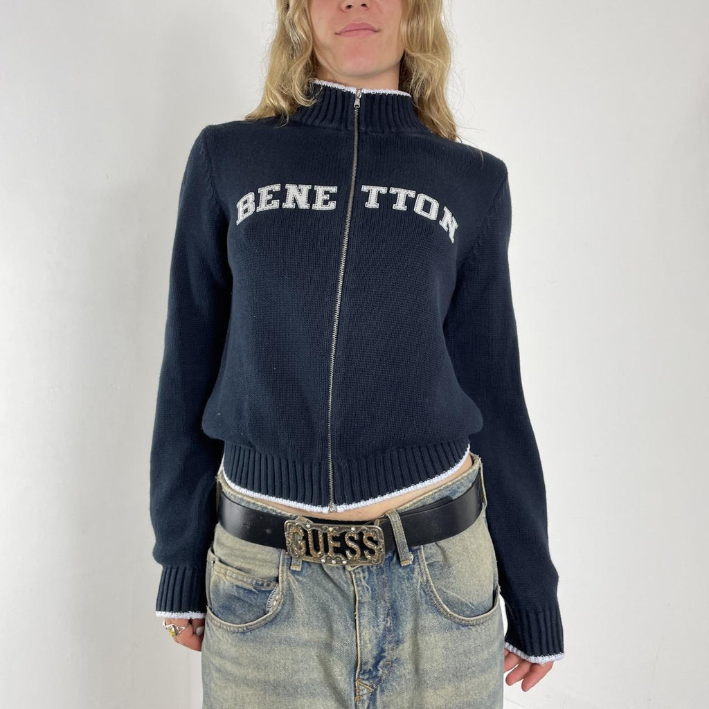 Navy knitted benetton zip up jumper