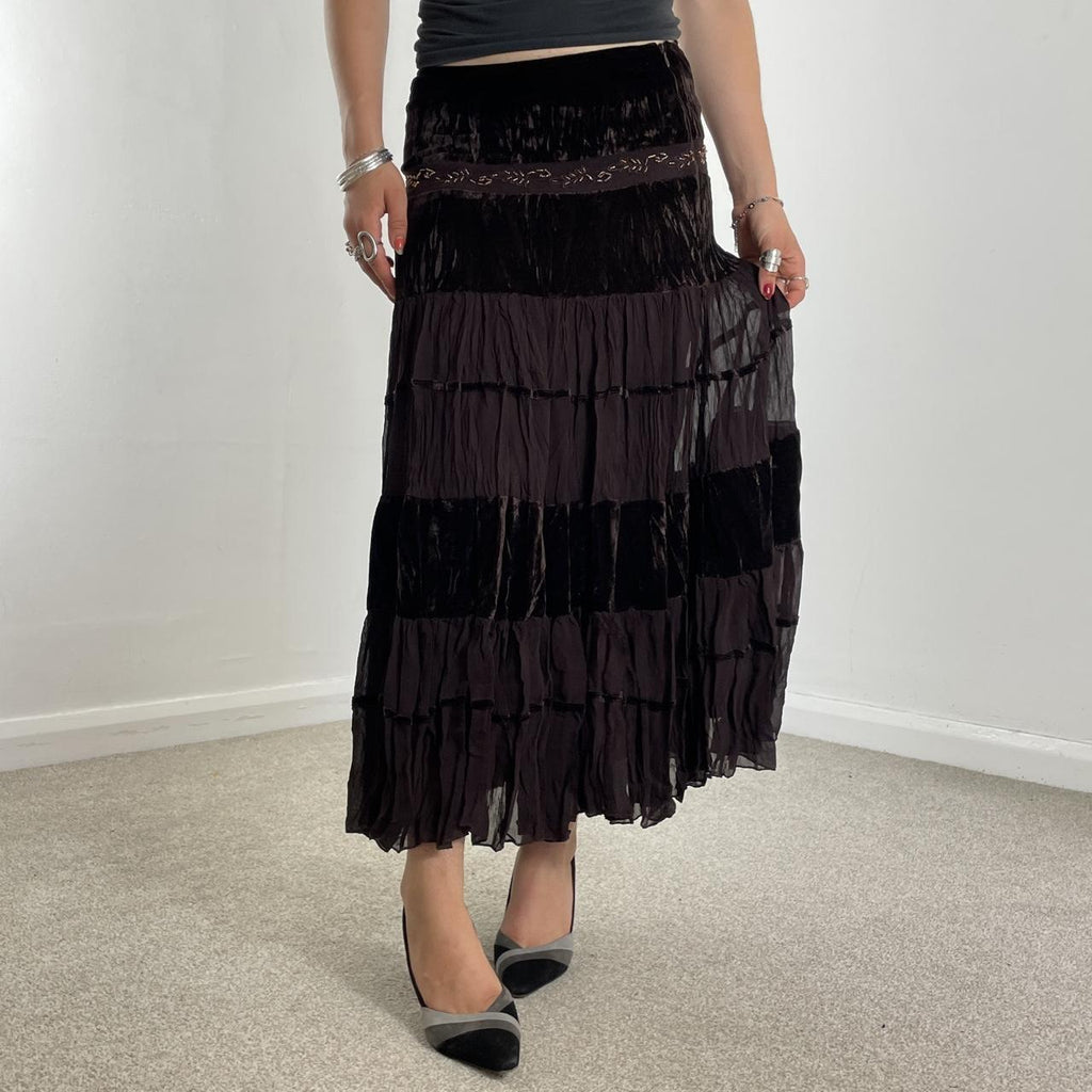 Tiered brown flowy lace and velvet maxi skirt