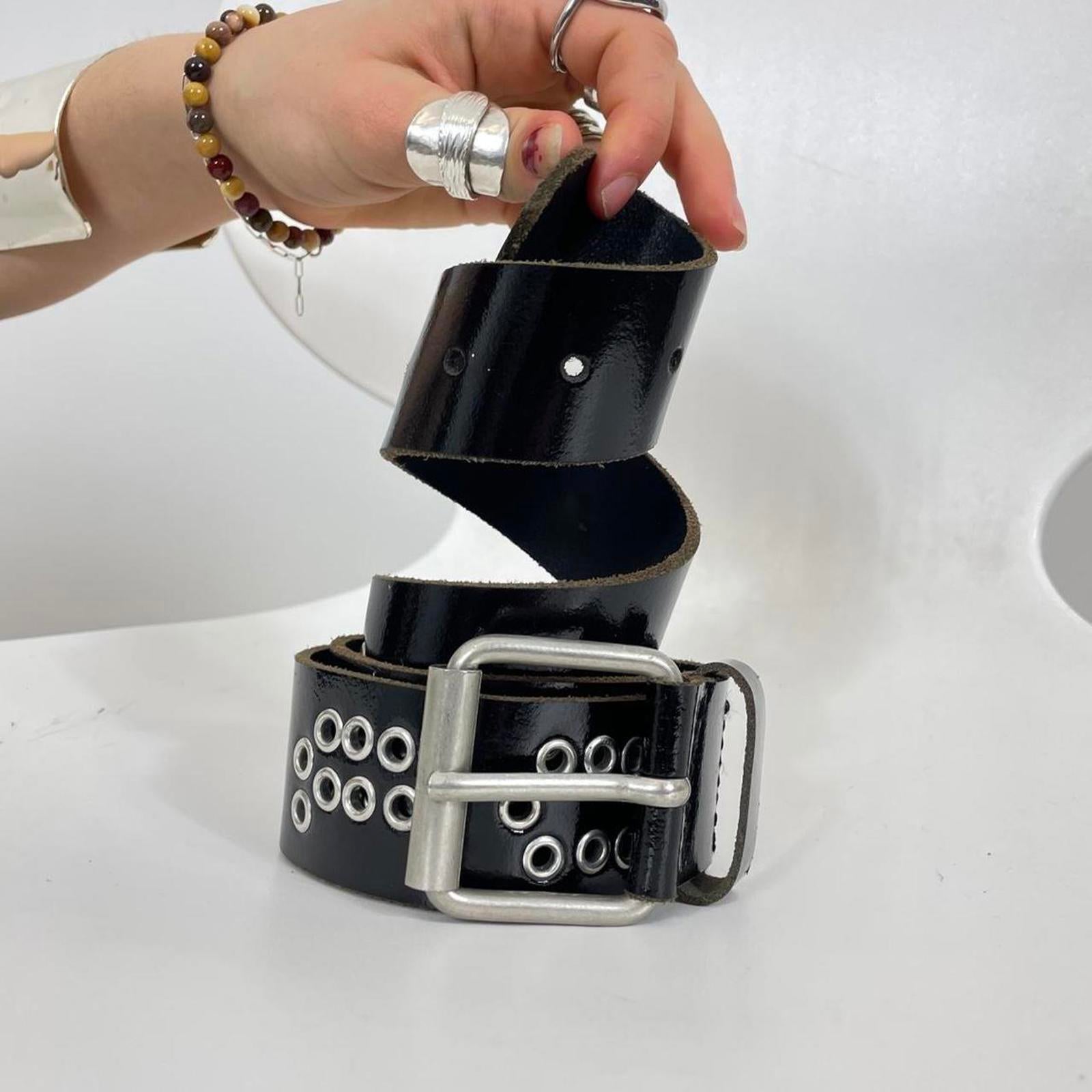 Y2k black studded belt with silver buckle