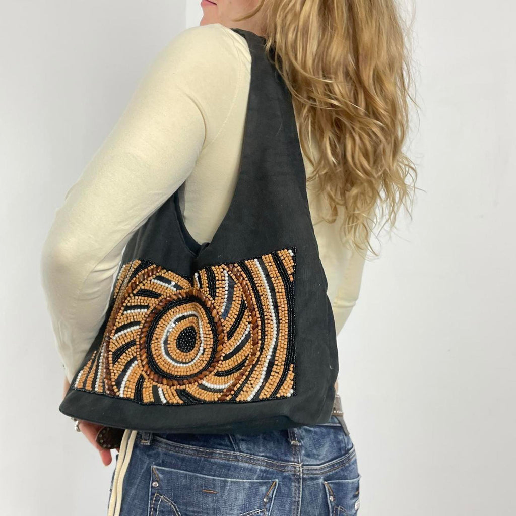 Bohemian deep brown slouch beaded bag