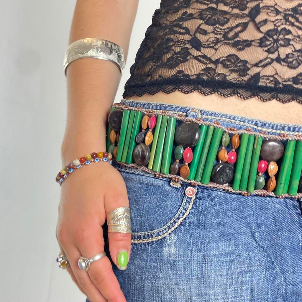 Beautiful green multi colored beaded festival belt
