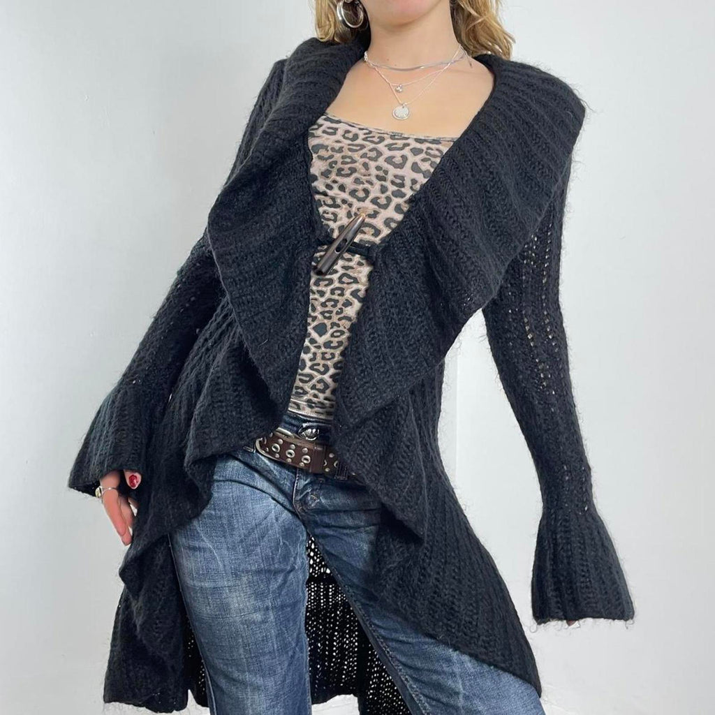 Vintage black full length knitted lettuce hem cardigan jumper with clasp in the midle