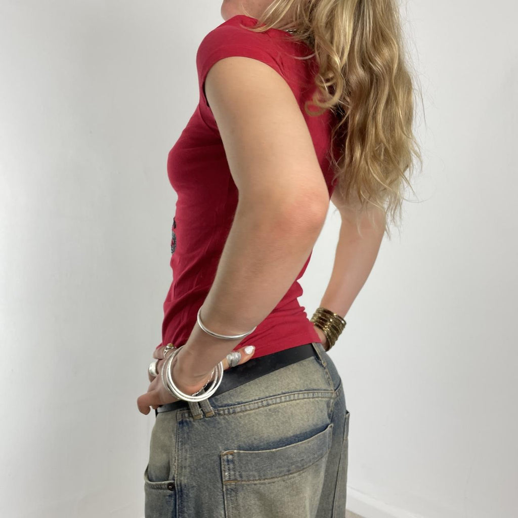 Guess sequin fitted red graphic tee