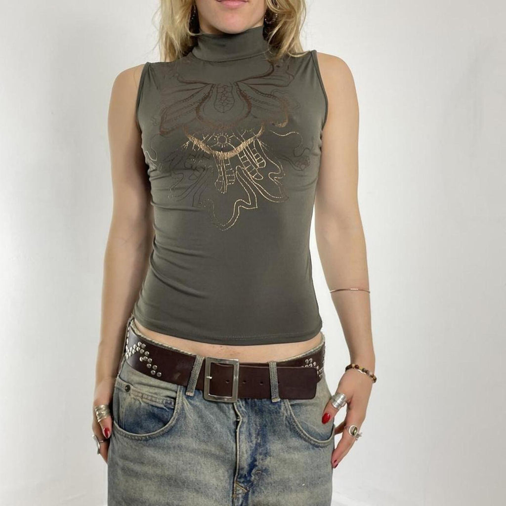 Kahki and gold graphich turtle neck top