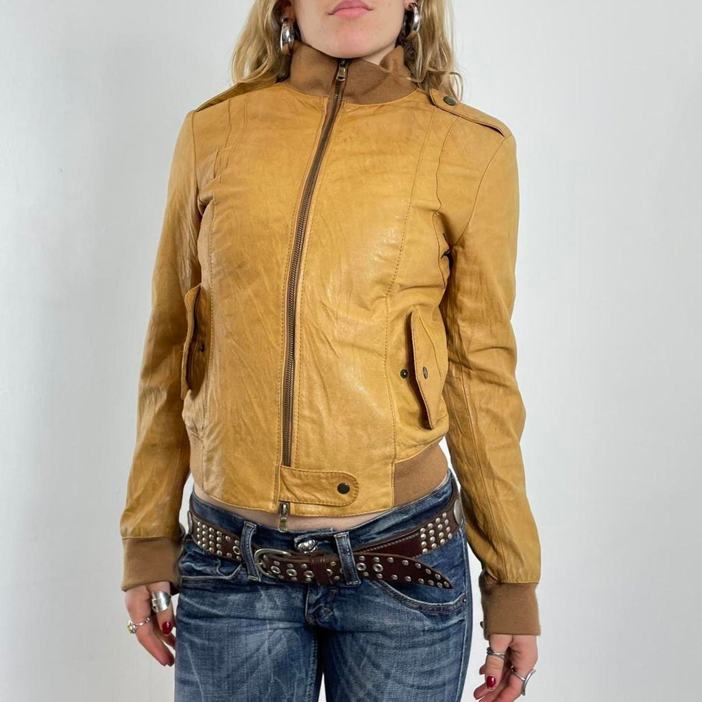 Vintage mustard fitted leather jacket with thick waist band, cool pockets.