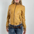 Vintage mustard fitted leather jacket with thick waist band, cool pockets.