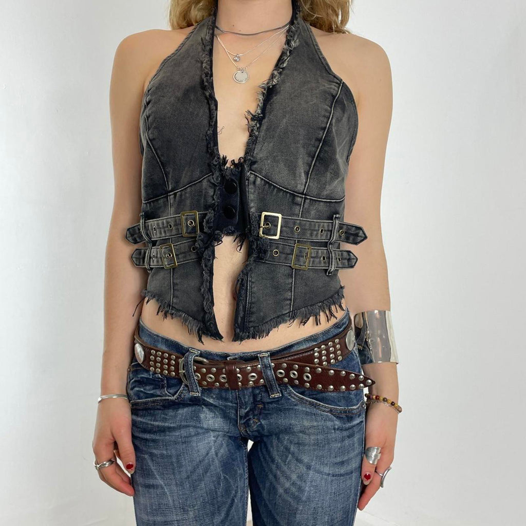 Grunge vintage halter neck raw hem waistcoat, with buckles and buttons in the middle