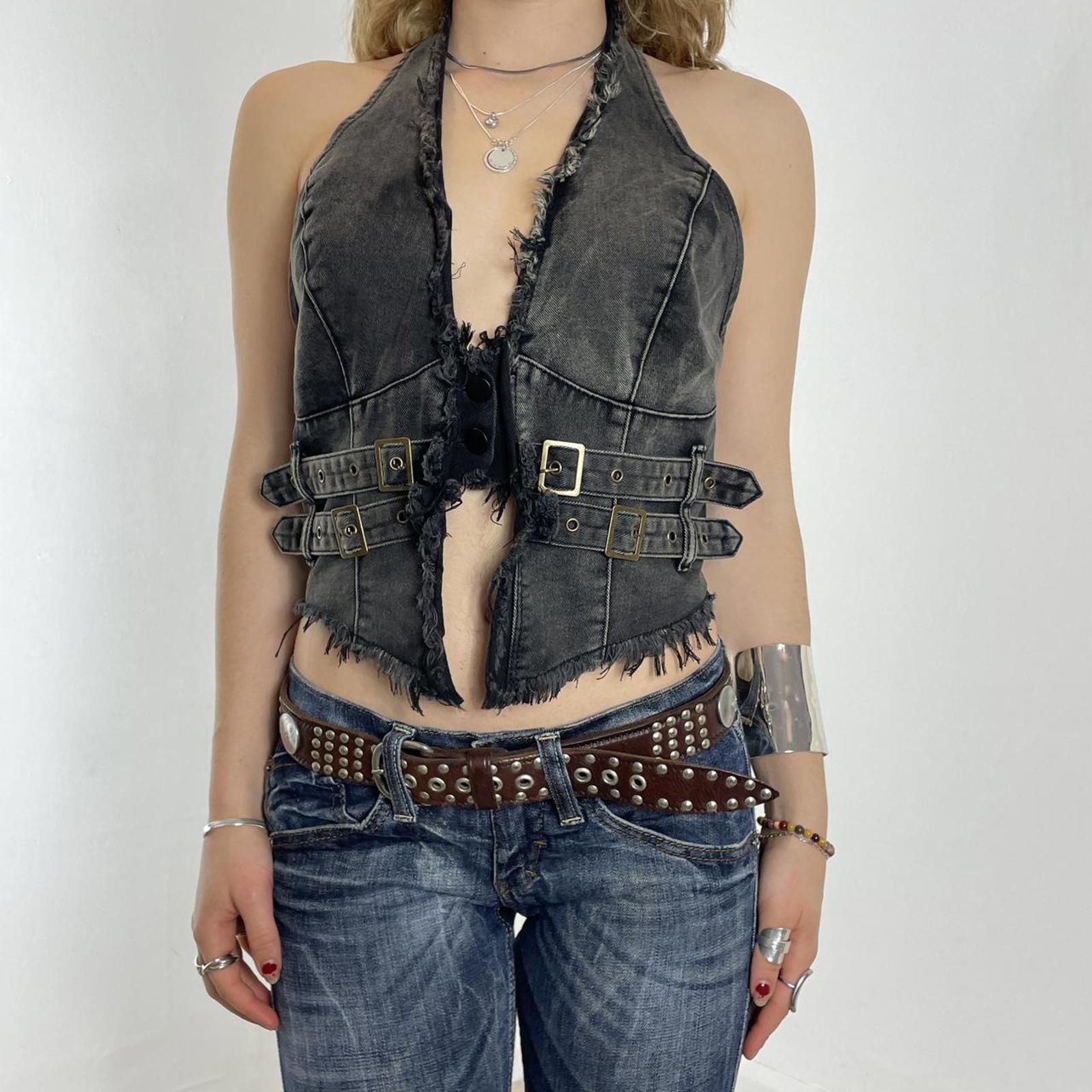 Grunge vintage halter neck raw hem waistcoat, with buckles and buttons in the middle