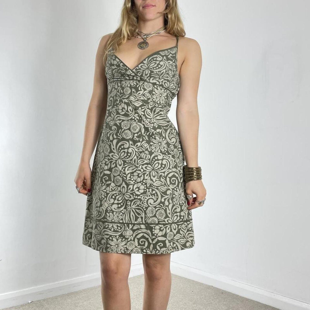 Floral green and white sage patterned mini summer dress