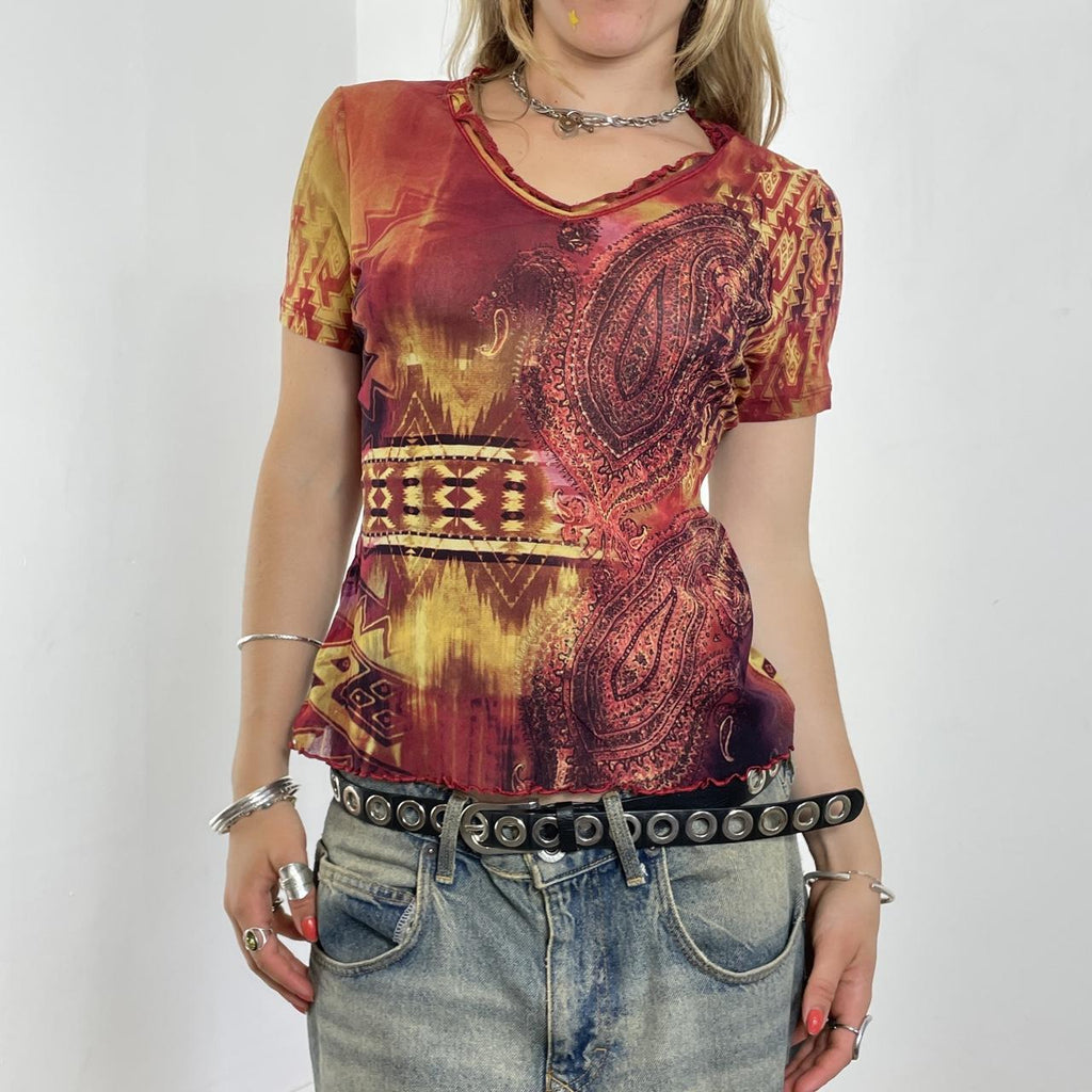 Mesh vintage red and multi coloured short sleeve top