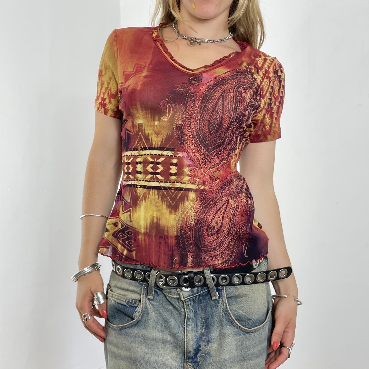 Mesh vintage red and multi coloured short sleeve top