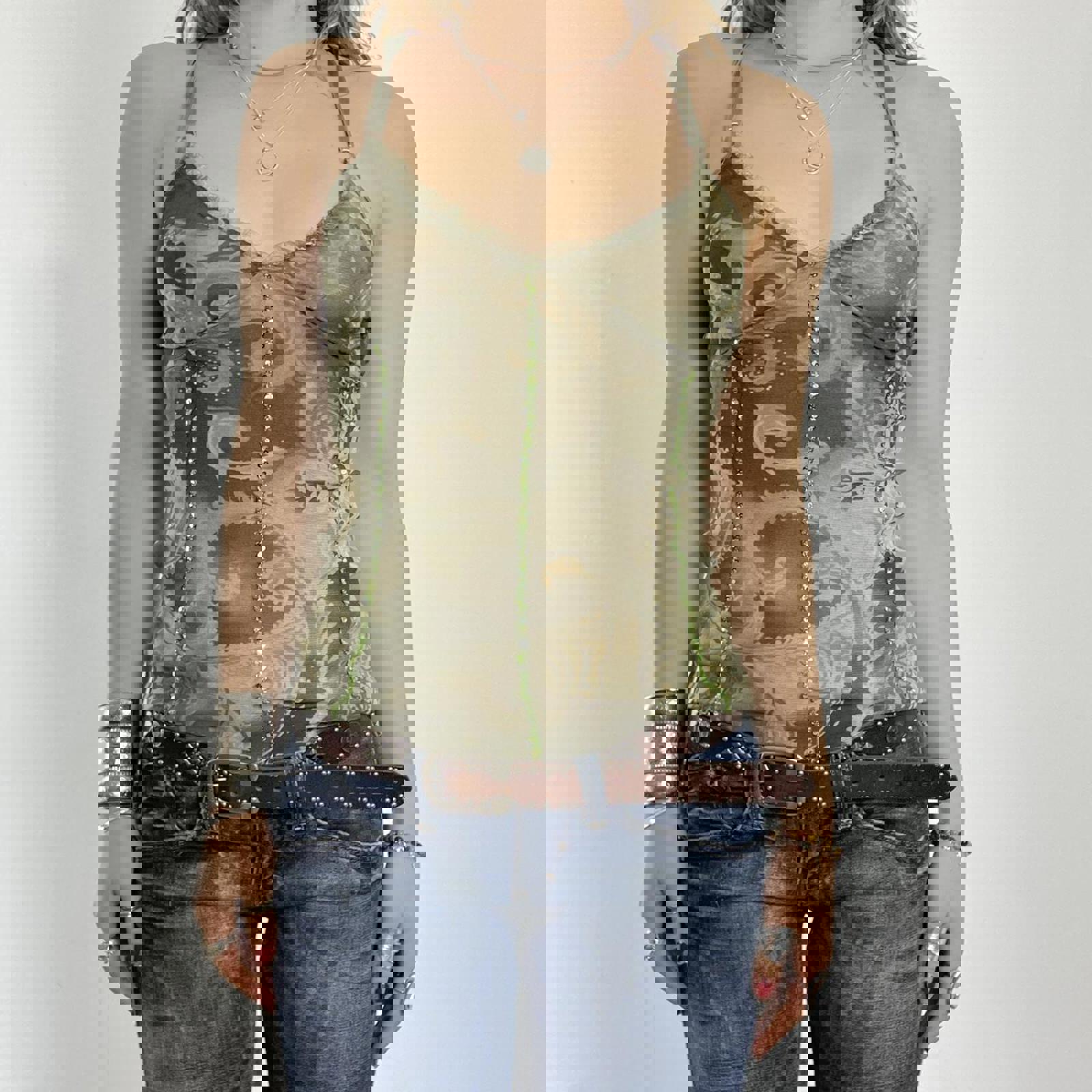 00's kahki mesh low cut cami with green sequin embroided stripes