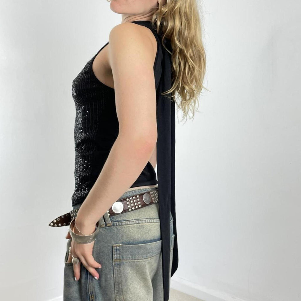 Black sequin polar neck top with a necktie !!