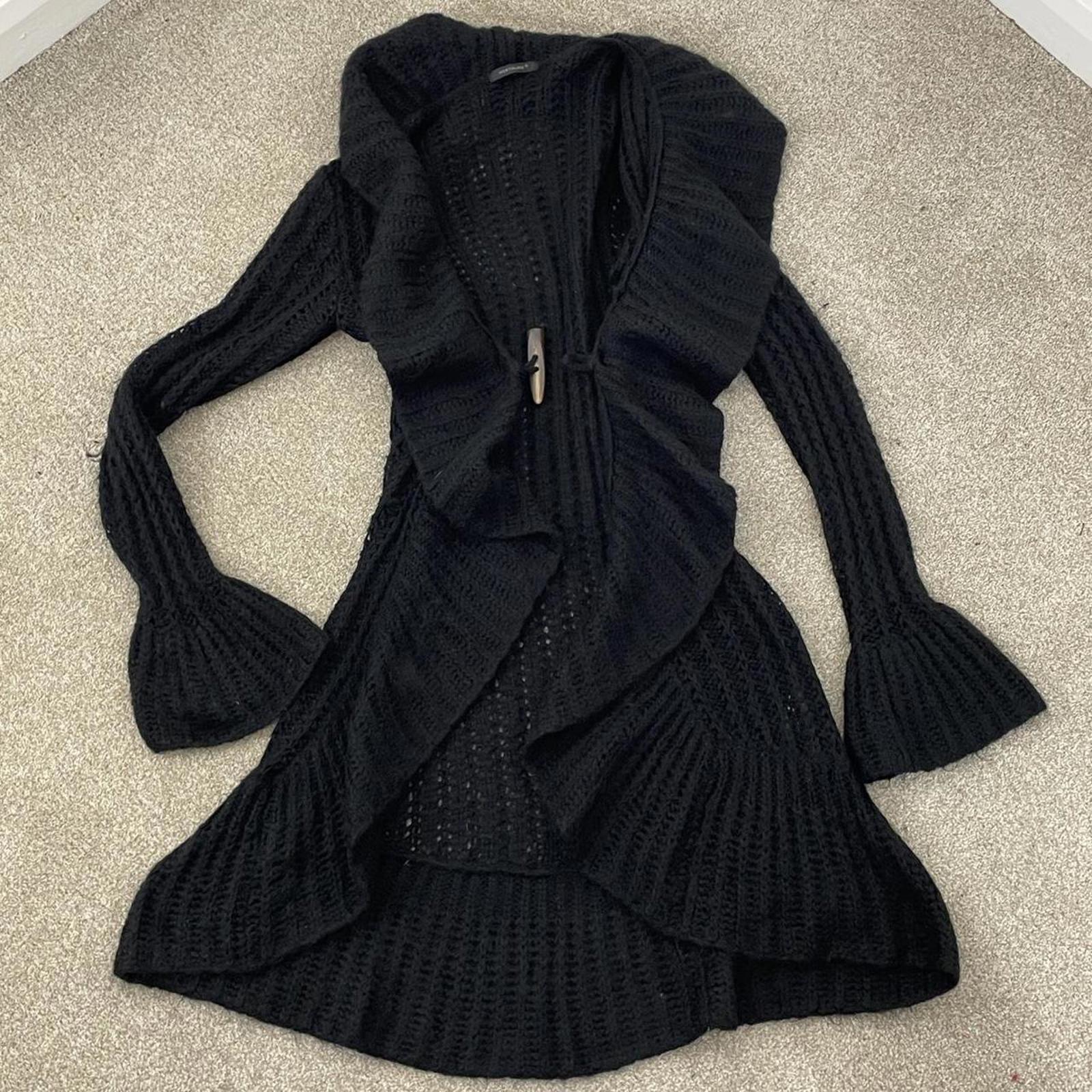 Vintage black full length knitted lettuce hem cardigan jumper with clasp in the midle
