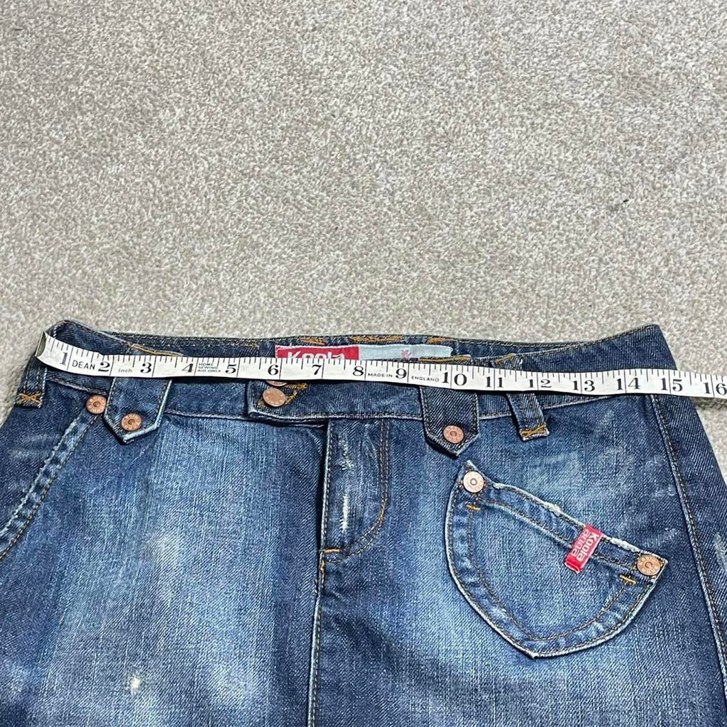 Y2k denim navy stone washed mini skirt with cool patch on the back