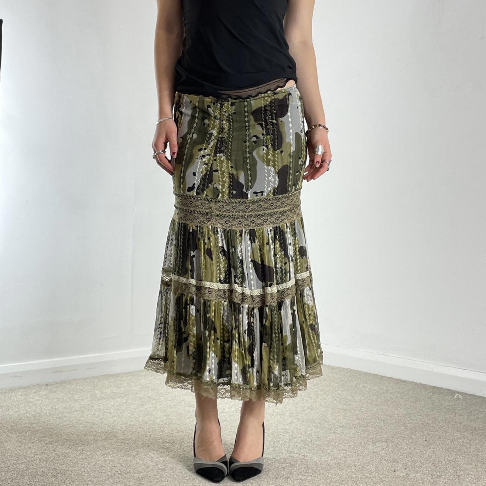 Bohemian green lace and mesh layred maxi skirt