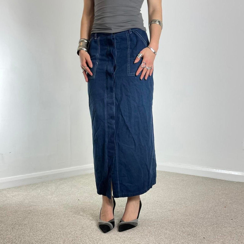 Navy fabric contrast stitch maxi skirt