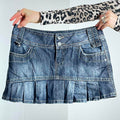 Y2K denim lowrise pleated contrastiching mini skirt with patches embroided on the back