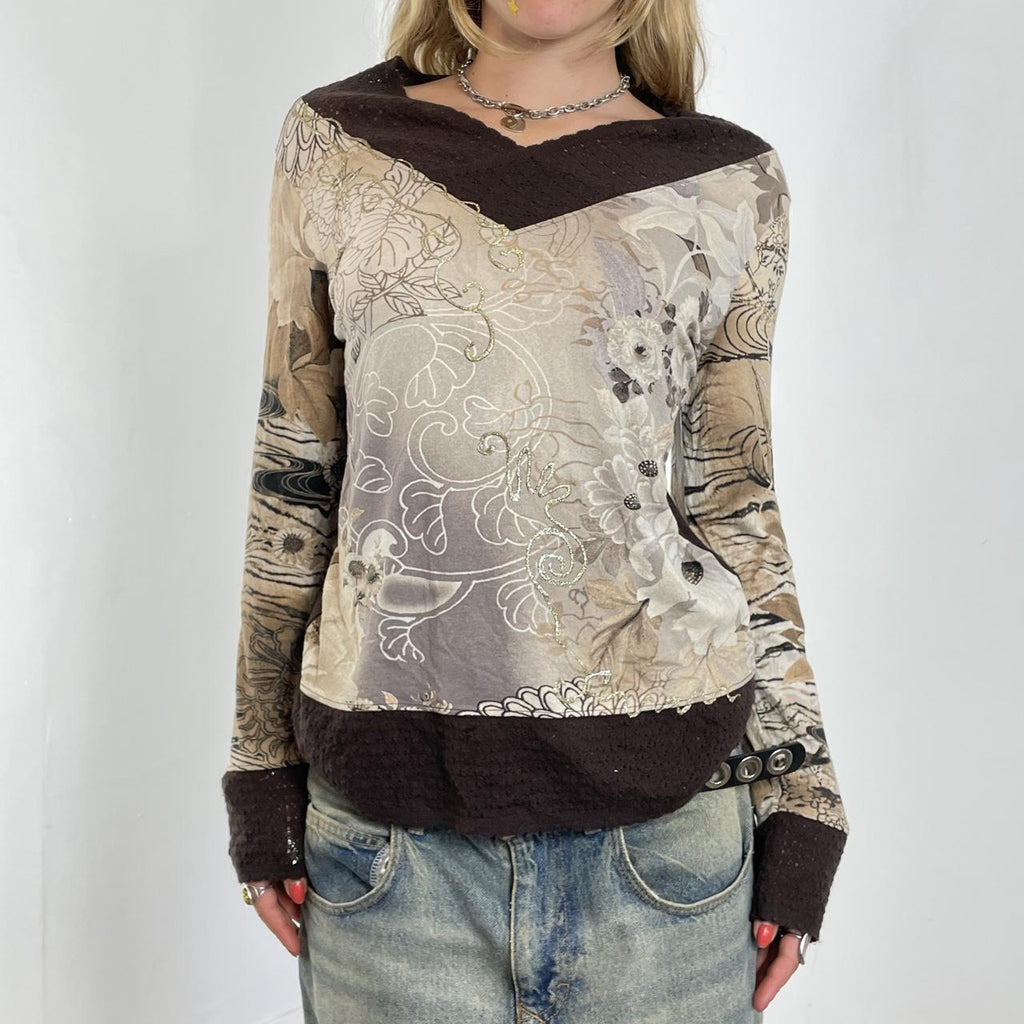 Brown and tan vintage patterned long sleeve top with wool sleeves