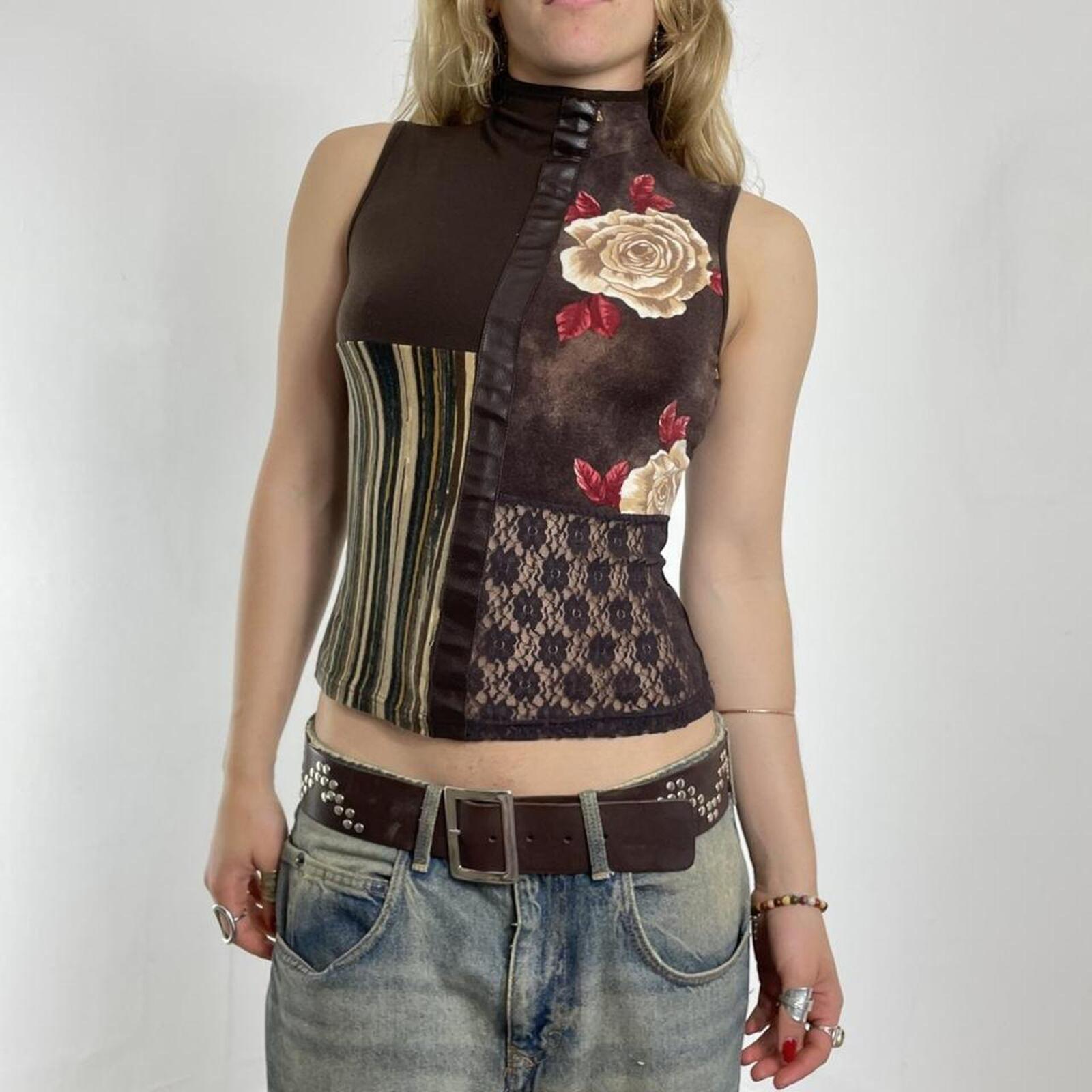 Brown panelled lace, floral turtle neck top