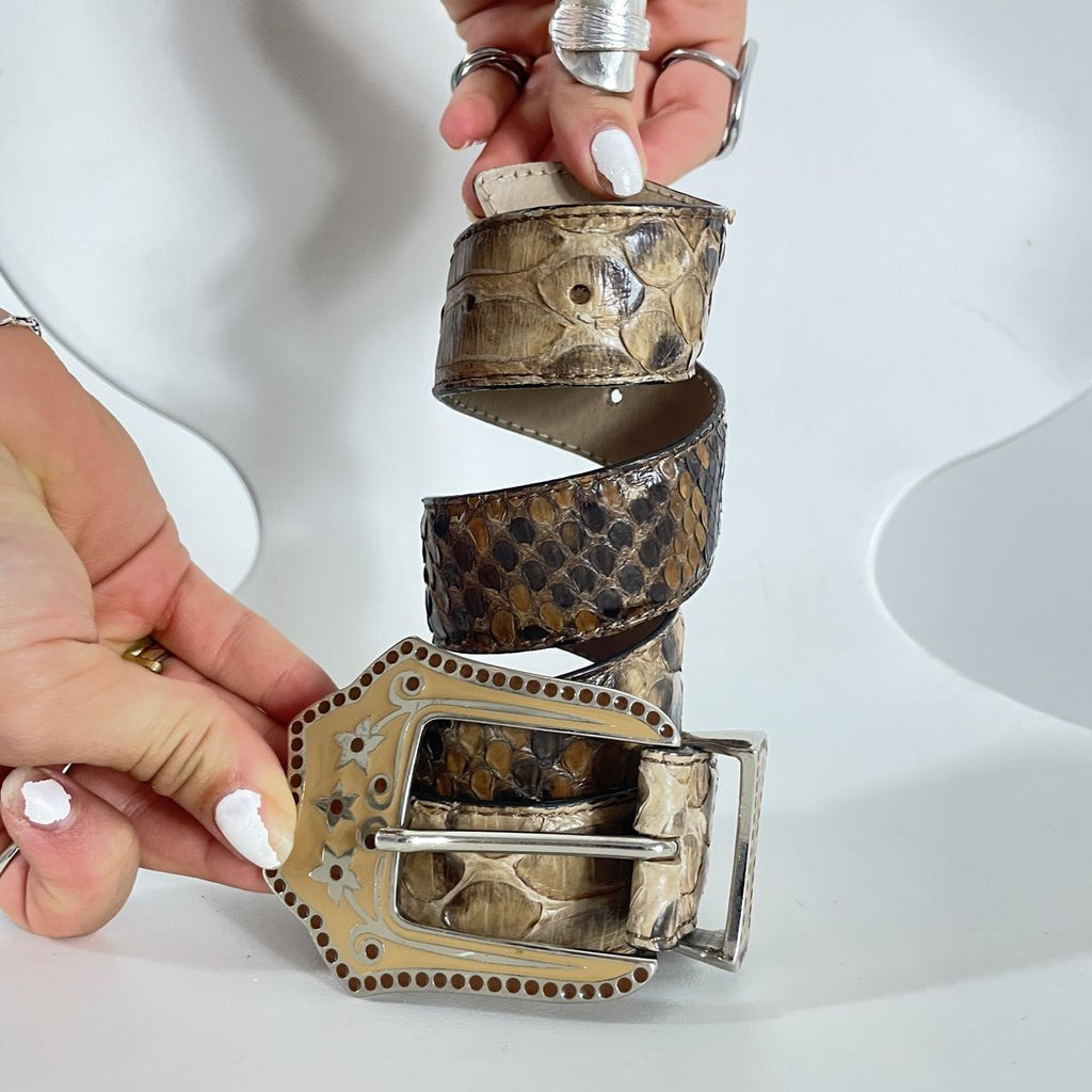 Snakeprint vintage brown leather belt with a cream buckle
