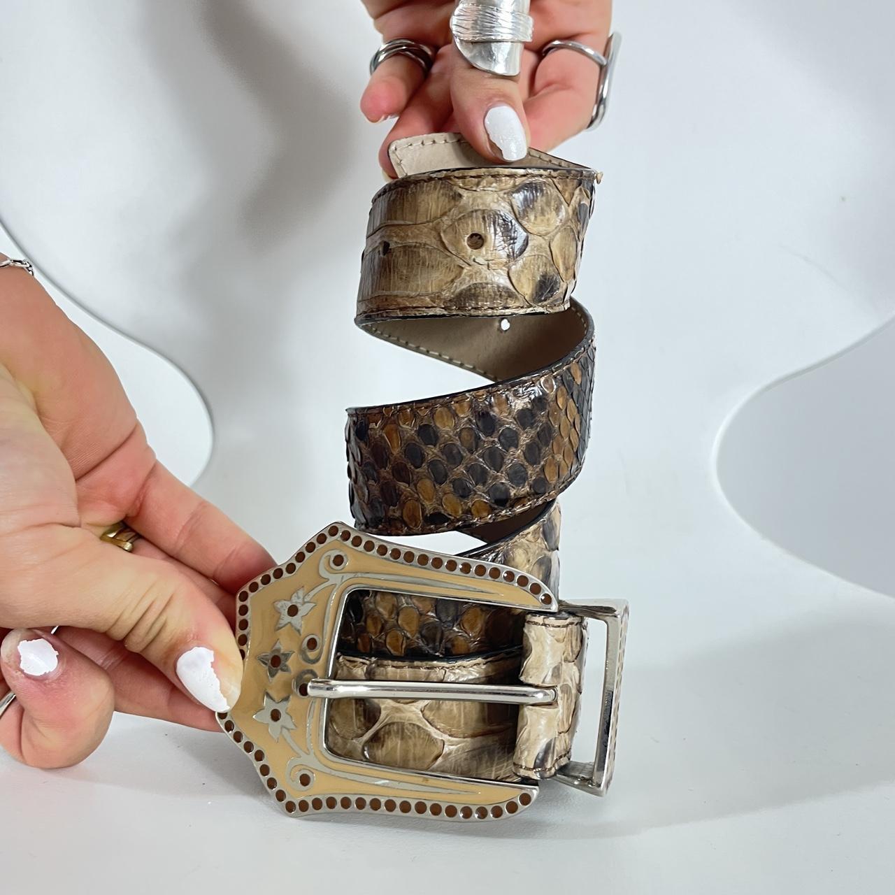 Snakeprint vintage brown leather belt with a cream buckle