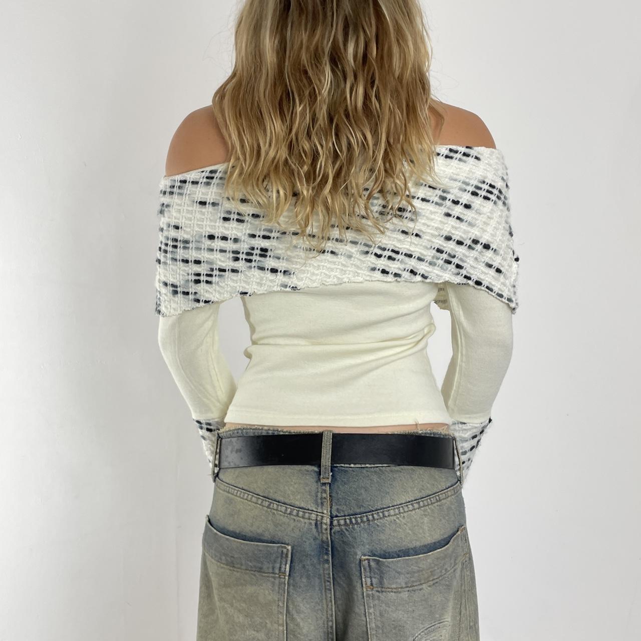 White and black vintage off-the-shoulder knit long-sleeve top