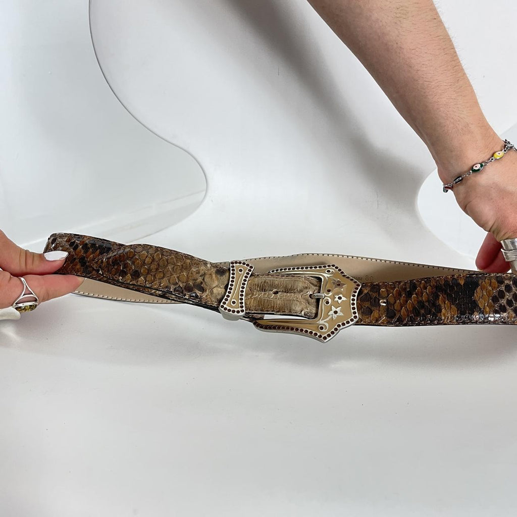 Snakeprint vintage brown leather belt with a cream buckle